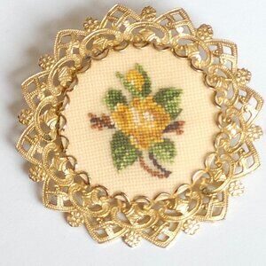 ORNATE Yellow Flower Embroidered Brooch PIN